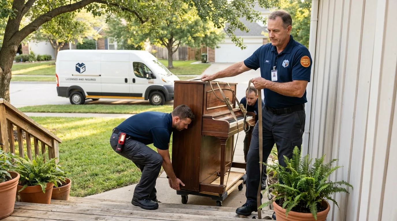 Licensed piano movers securing grand piano in Augusta, KY